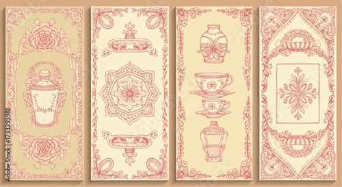 Decorative vintage illustrations of teacups and vases with floral borders