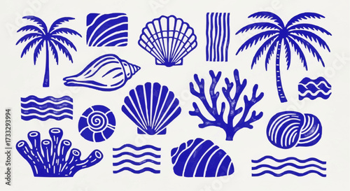 Collection of blue hand drawn beach and ocean themed illustrations