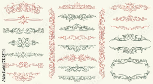Collection of vintage ornamental dividers and borders in pastel colors