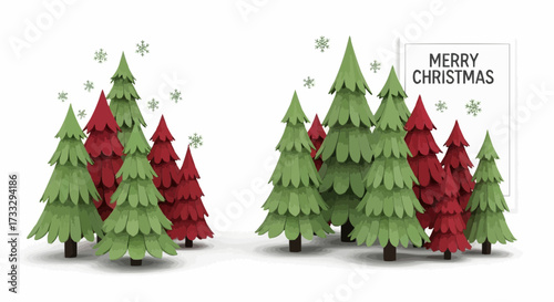 Festive christmas trees with snowflakes and merry christmas sign