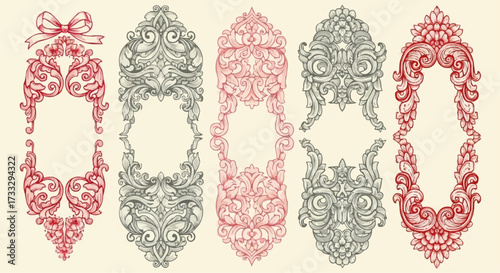 Collection of ornate decorative frames and borders in red and gray watercolor style