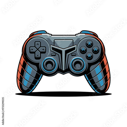 Advanced gamepad emblem, metallic cross buttons, blue plaid grips, professional gamer mark, console accessory graphic, stylish vector illustration