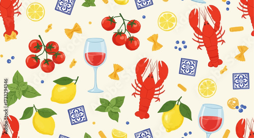 Italian food pattern with lobster pasta tomatoes lemon and wine