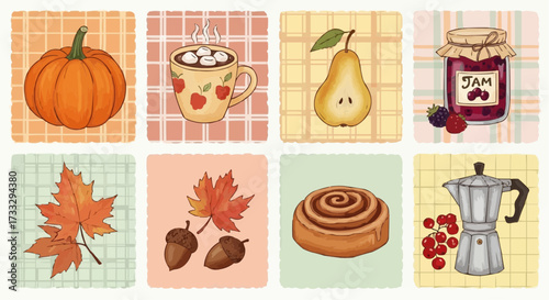 Cozy autumn harvest food and drink collection with seasonal elements