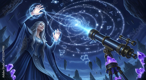 Enchantress conjures cosmic energy with glowing hands, observing constellations through a mystical telescope surrounded by floating crystals under a starry night sky.