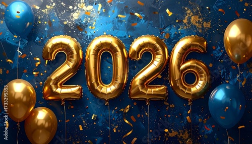 Gold balloons forming the year 2026 on a dark blue background with confetti