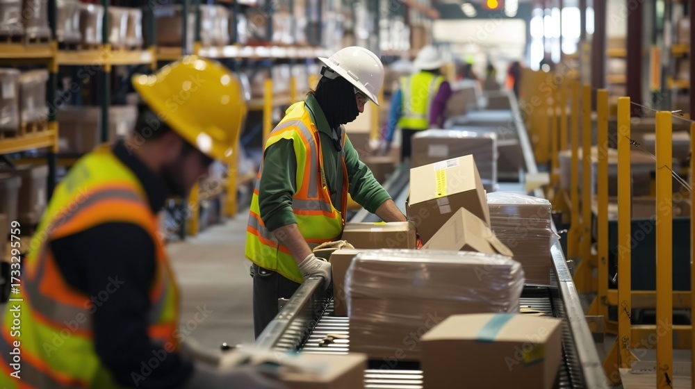 Fototapeta premium Employees Wearing Safety Vests and Hard Hats Carefully Handle Packages on a Warehouse Conveyor Belt, Ensuring Efficient, Secure, and Orderly Logistics Operations in the Warehouse Environment
