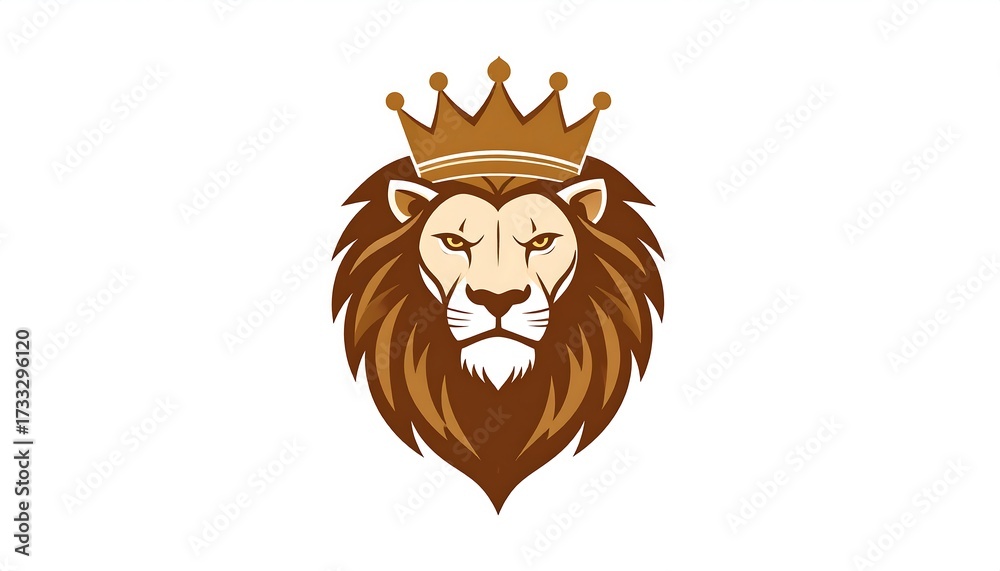 Fototapeta premium A regal lion's head, crowned, symbolizing authority and strength against a plain, white backdrop