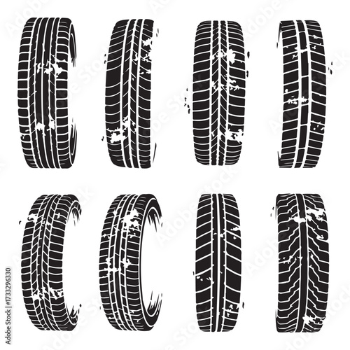 Tire tracks dirty set collection silhouette vector illustration flat design.