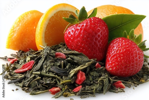 green tea leaves, strawberry and orange on white background