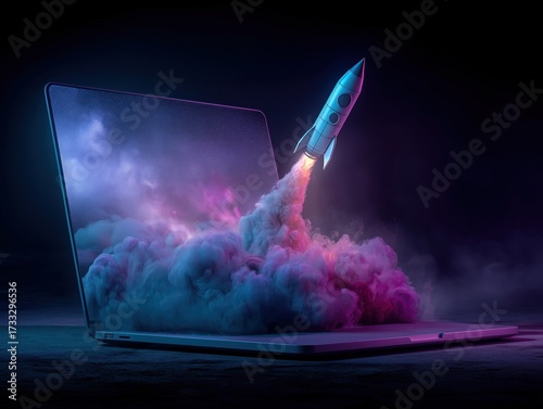 Space rocket launching from the keyboard of an open laptop