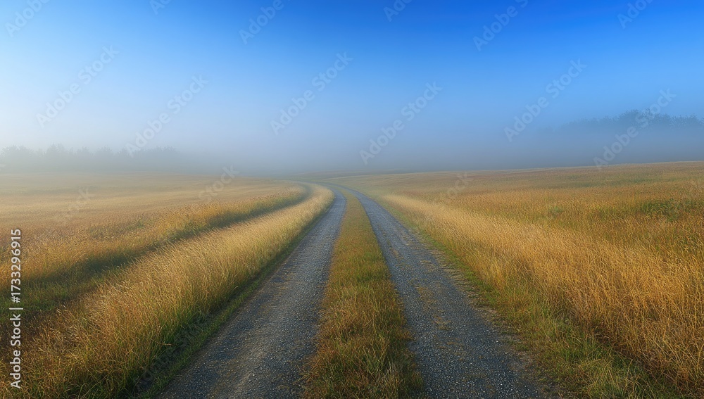Fototapeta premium Misty road stretches through field, gradient blue sky above