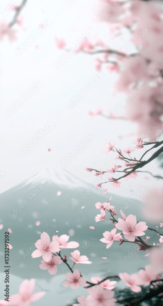 Fototapeta premium Mountain view framed by cherry blossoms