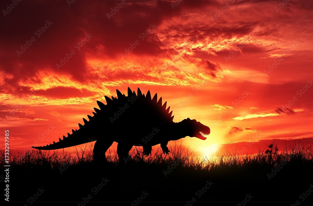 Fototapeta premium Silhouette of dinosaur at fiery sunset
