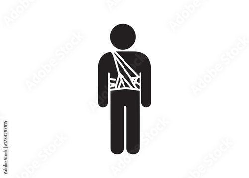 Stick figure of a man with a broken arm isolated on white background