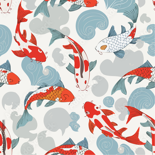 A stylized seamless koi fish pattern with flowing water motifs. Perfect for textiles, decorative prints, and serene Asian branding.