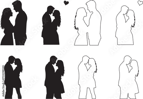 Romantic couple hug silhouettes, Man and woman embracing vector illustration, love PNG isolated black and white design.eps