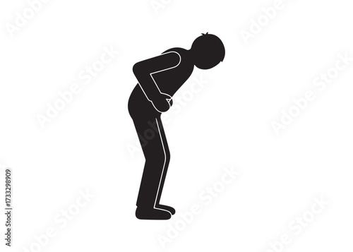 Stick figure man suffering from stomach ache isolated on white background