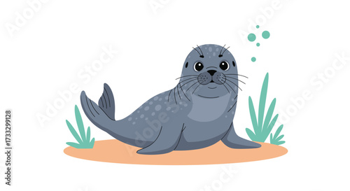 A cute young seal rests on the sandy seabed with small green plants and bubbles in the background.