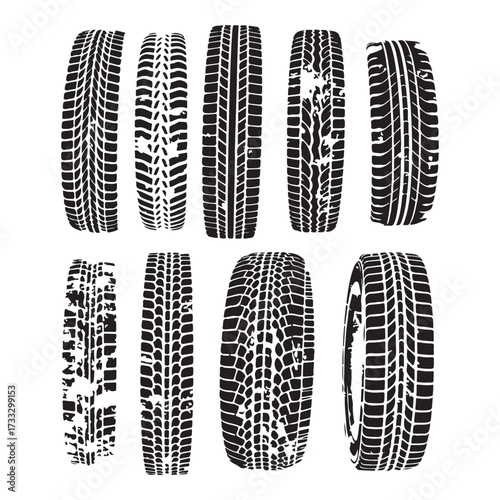 Tire tracks dirty set collection silhouette vector illustration flat design.