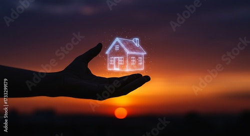 Hand holding a glowing house graphic silhouette against sunset background