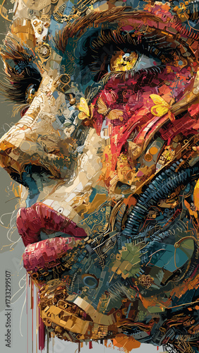 This artwork blends human features with intricate technological and organic elements, creating a surreal cybernetic portrait. The face is composed of vibrant colors, mechanical components, and natural