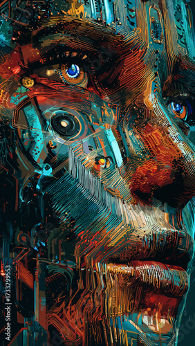 This artwork blends human features with intricate technological and organic elements, creating a surreal cybernetic portrait. The face is composed of vibrant colors, mechanical components, and natural