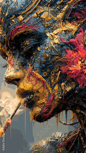 This artwork blends human features with intricate technological and organic elements, creating a surreal cybernetic portrait. The face is composed of vibrant colors, mechanical components, and natural