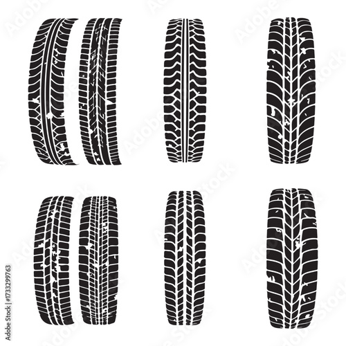 Tire tracks dirty set collection silhouette vector illustration flat design.