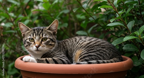 Tabby cat resting in a terracotta pot in front of green foliage