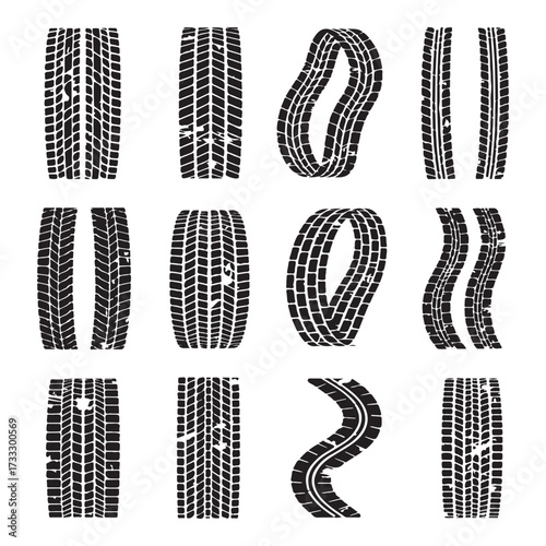 Tire tracks dirty set collection silhouette vector illustration flat design.