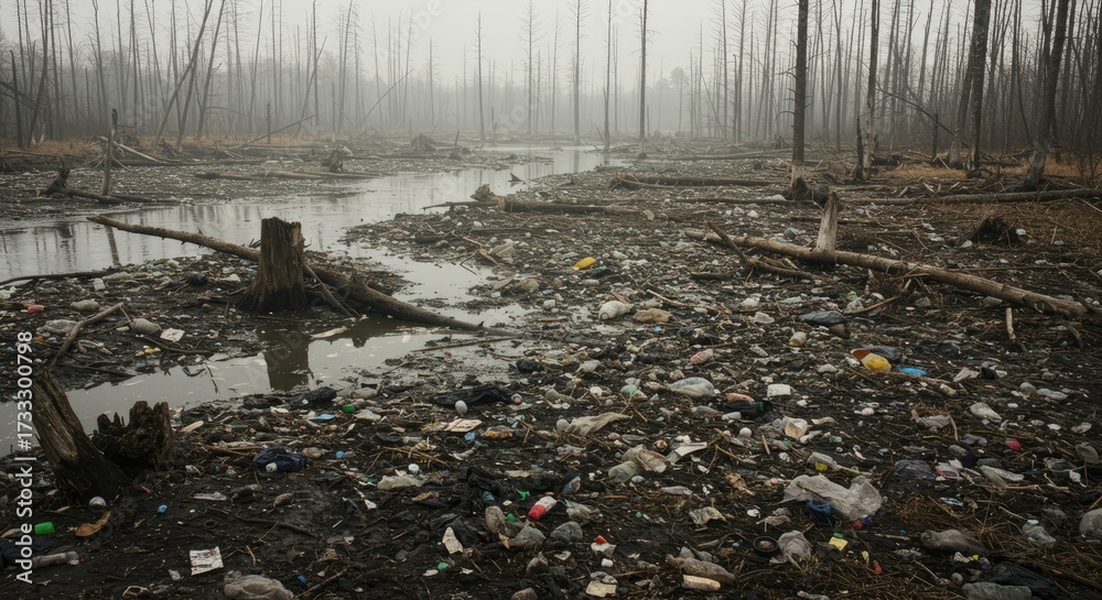 Obraz premium Polluted Forest Swamp with Debris and Plastic Waste