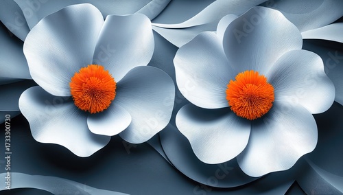 Two white flowers with orange centers, soft waves background