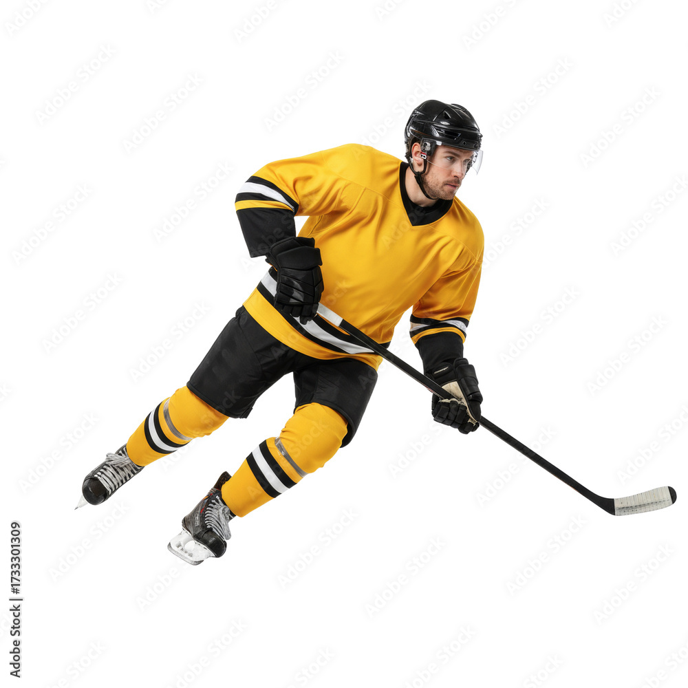 Fototapeta premium Ice hockey player with intense focus skating swiftly on an isolated transparent field ready for a
