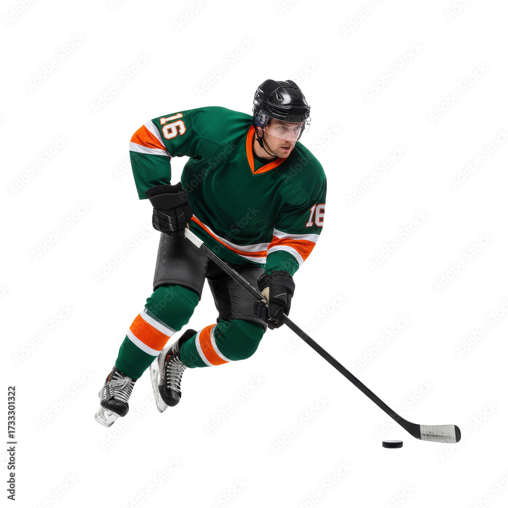 Obraz premium Dynamic hockey player in action, green and orange uniform, athletic prowess displayed against
