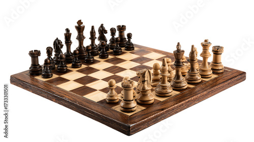 Wooden chess board with pieces set up, isolated on transparent background