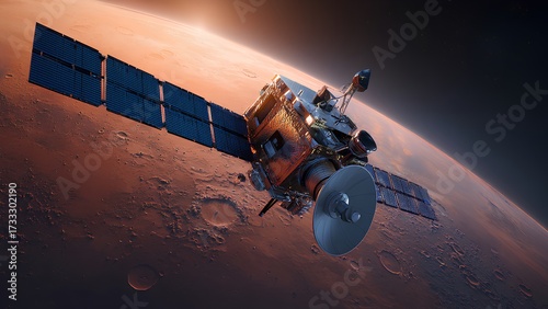 Space Probe Orbiting Mars with Solar Panels in Deep Space | Realistic 3D Render