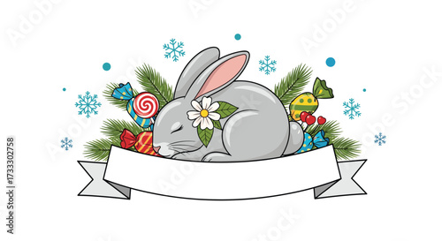A cute sleeping rabbit with candies and pine branches adorned with snowflakes.