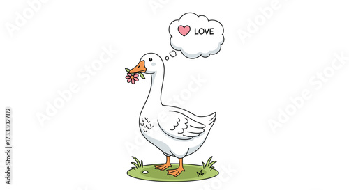 A sweet goose holding a flower in its beak thinking about love.