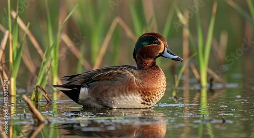 Teal duck resting on water surrounded by aquatic vegetation