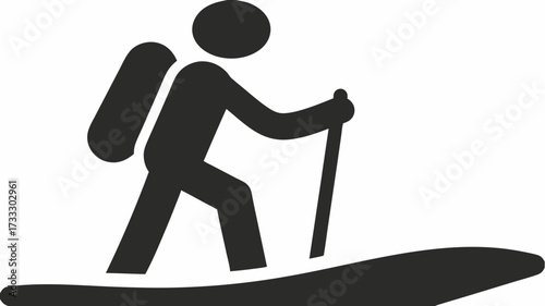 Dynamic hiker with backpack and trekking poles ascends a challenging terrain, embodying adventure and exploration with powerful stride and determination.