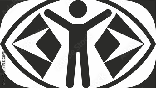 Bold abstract figure with arms outstretched embraced by dynamic geometric patterns evoking connection and progress
