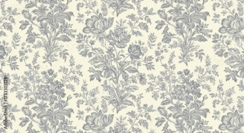 Monochrome Floral Damask Pattern with Intricate Flower and Leaf Designs in Gray Tones for a Classic and Timeless Textile or Wallpaper Background