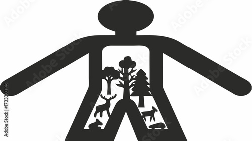 Human silhouette cradles vibrant forest ecosystem with diverse wildlife, symbolizing nature's vital connection within us all.