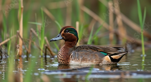 Teal duck swimming in water near reeds wildlife photography nature background