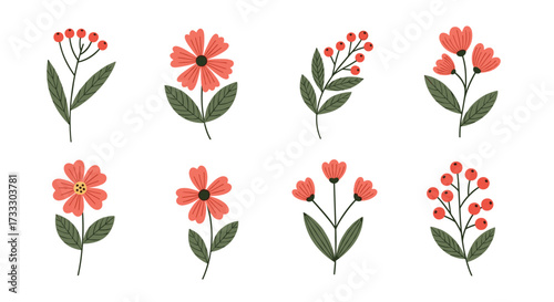 A collection of eight delicate floral illustrations featuring coral blossoms and green leaves in a charming simple style.
