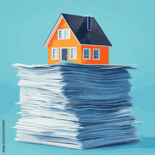 A small orange house model sits atop a large stack of paperwork against a blue background, symbolizing real estate or mortgage documents. , vector style simple color