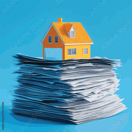 A small orange house model sits atop a large stack of paperwork against a blue background, symbolizing real estate or mortgage documents. , vector style simple color