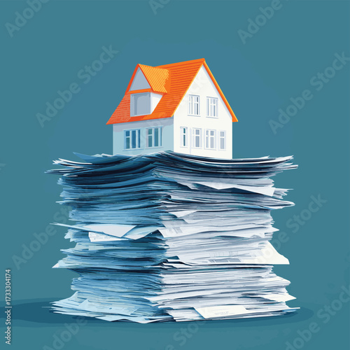 A small orange house model sits atop a large stack of paperwork against a blue background, symbolizing real estate or mortgage documents. , vector style simple color