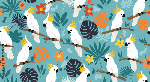 A vibrant tropical pattern featuring white cockatoos perched on branches amidst lush green leaves and colorful flowers.